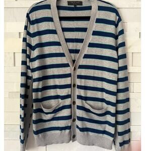 RAG & BONE Men;s Cotton V-neck Striped Cardigan Sweater L Gray Blue Teal Preppy